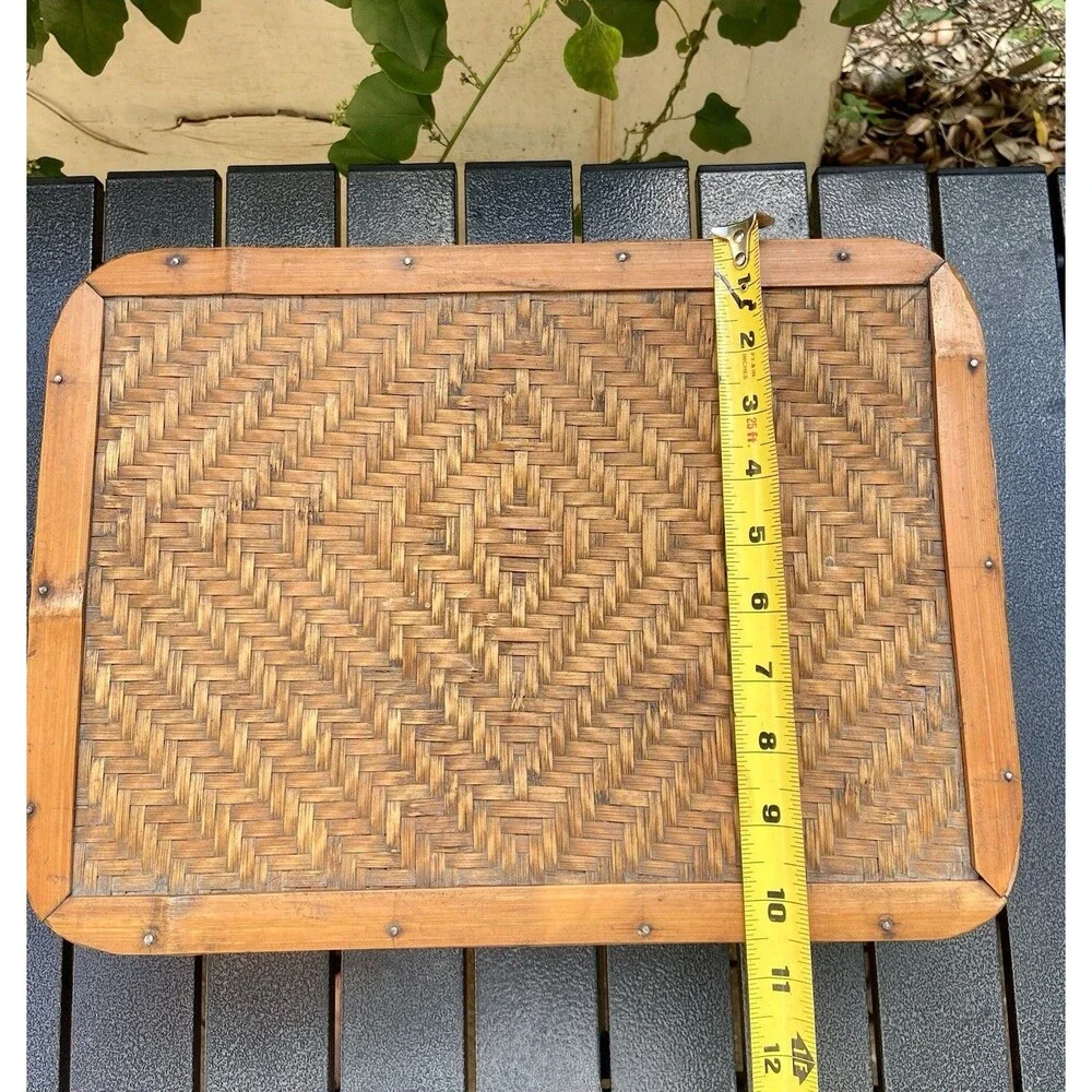 Vintage Bentwood Bamboo Rattan Sewing Box Woven Lid Storage Basket Japan 14”